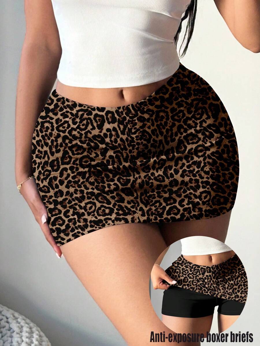 SHEIN SXY 女式休闲性感低腰紧身迷你裙，带衬里，豹纹 - 彩色 - 查看 1