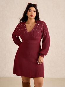 Elaquor Vestido Longo Elegante e Urbano de Estilo Minimalista com Decoração de Pérolas em Cruzado, Versátil para Outono/Inverno, Plus Size