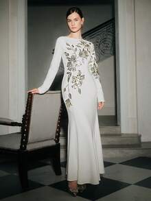 Anewsta Robe longue à manches longues avec motif floral perlé, élégante et de luxe, décontractée. Convient pour l'automne, l'hiver, le Nouvel An, les fêtes, les mariages. Élégante, chic et . Robe de soirée.