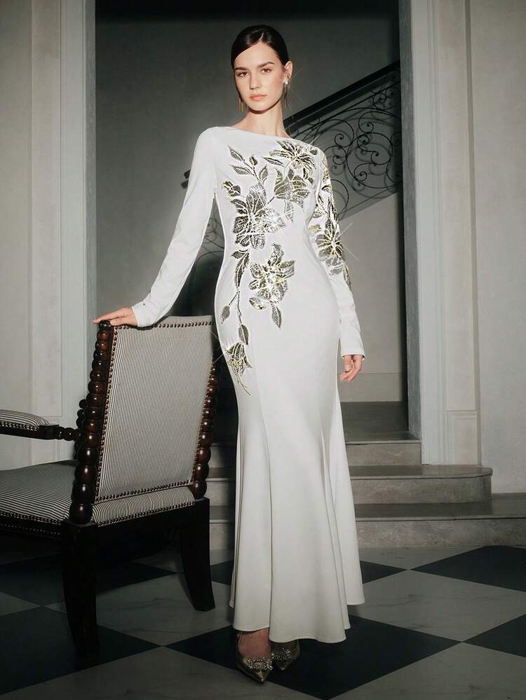 Women's Elegant Luxury Casual Beaded Floral Pattern Long Sleeve Dress, Suitable For Fall, Winter, New Year, Party, Wedding, Elegant, Chic, Stylish, Evening Dress
