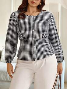 Vionelle Chemise à carreaux à manches longues et col rond pour femmes grandes tailles, nouvelle collection automne. Élégante pour le travail et le port quotidien - Multicolore - Voir 3