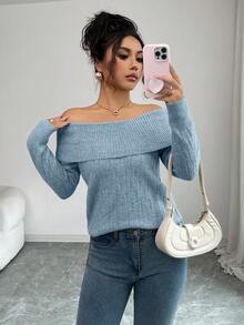 Elenzga Áo thun tay dài hở vai ôm sát phong cách Mỹ gợi cảm, thiết kế độc đáo với cảm giác cao cấp, phù hợp cho mùa thu/đông - Màu xanh lam - Xem 5