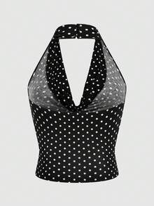 Sweetra Blusa de punto con cuello halter drapeado y espalda descubierta con estampado de lunares, para mujer de talla grande. Ideal para cumpleaños, salir, camisa linda de estilo Y2K, blusa envolvente.