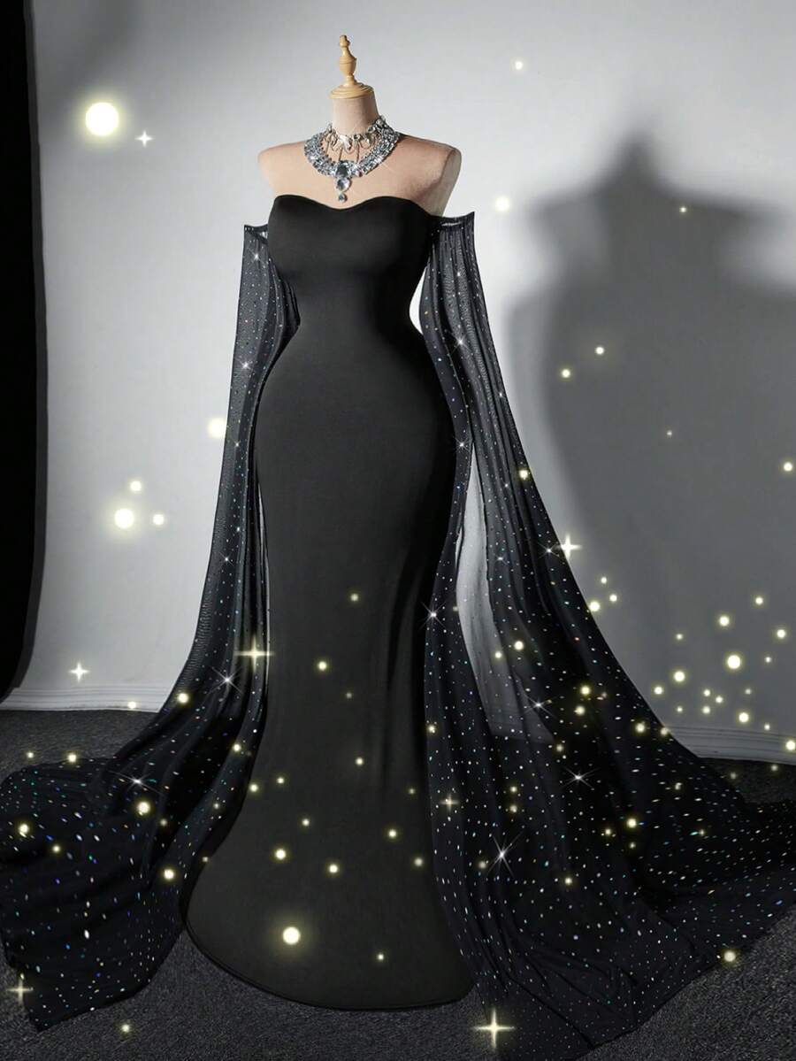 Viva Relle 优雅复古披肩领收腰纯色简约露肩长裙 - 黑色 - 查看 1