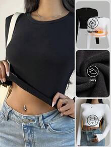 SHEIN BASICS 两件装纯色针织圆领长袖修身短款T恤，女士款，升级保暖面料，带保暖内衬但不臃肿，基础款弹力百搭秋冬女装上衣 - 棕色 - 查看 11