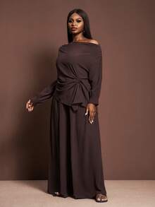 Veslaya 2025秋冬大码女装套装，优雅不对称肩部褶皱腰身长袖上衣搭配阔腿裤，适合乡村音乐会、婚礼、约会、正式场合等场合。 - 棕色 - 查看 9