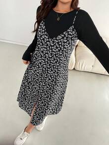 SHEIN Essnce 大码女装秋冬时尚休闲宽松舒适日常黑色T恤长袖上衣和黑白碎花吊带长裙两件套，秋季服装 - 黑色 - 查看 6