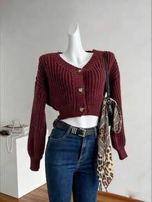 Celisse Casual Solid Color Lantern Sleeve Cropped Cardigan, Autumn/Winter - Burgundy - View 3