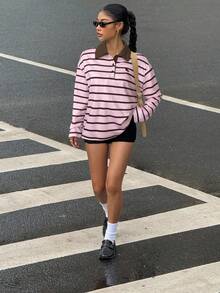 Muchica Women's Casual Striped Button-Up Dropped Shoulder T-Shirt, Autumn Pink Clothes Preppy Clothes Pink Pony Club Shirt Striped Long Sleeve Aesthetic Clothes