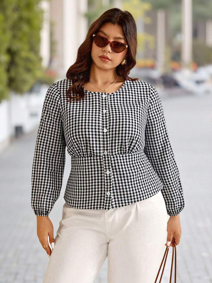 Vionelle Chemise à carreaux à manches longues et col rond pour femmes grandes tailles, nouvelle collection automne. Élégante pour le travail et le port quotidien - Multicolore - Voir 1