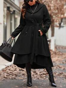 SHEIN Clasi معطف صوفي طويل للنساء ذوات الحجم الكبير بلون أحادي، متعدد الاستخدامات، مزود بقلنسوة وحاشية مزدوجة - الأسود - مشاهدة 5