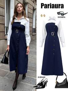 Chiquease Váy hai mảnh cổ sơ mi giả thu đông cho nữ | Phối màu xanh navy và trắng | Chi tiết thắt eo & Nút kim loại một hàng | Đầm midi dáng ôm phù hợp với công sở - Màu xanh hải quân - Xem 1