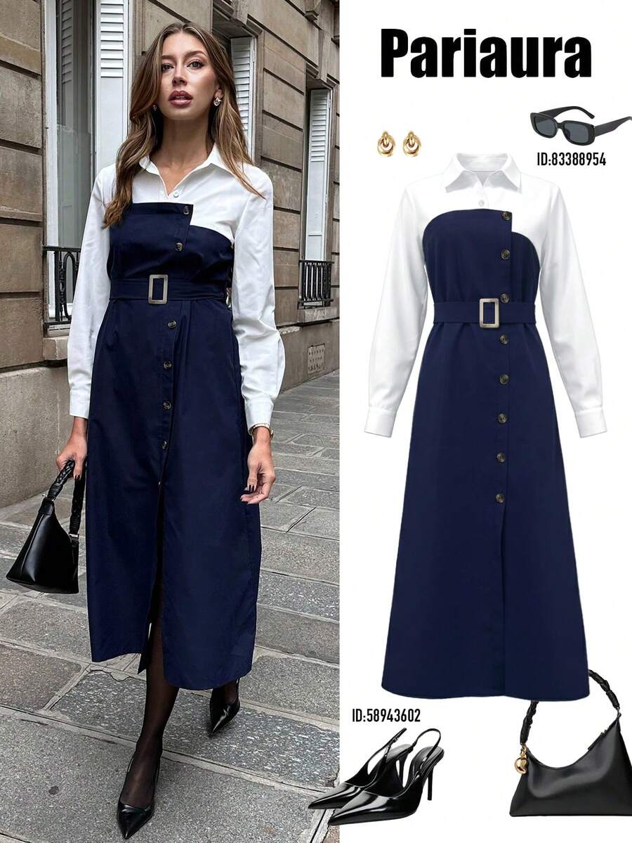 Chiquease Váy hai mảnh cổ sơ mi giả thu đông cho nữ | Phối màu xanh navy và trắng | Chi tiết thắt eo & Nút kim loại một hàng | Đầm midi dáng ôm phù hợp với công sở - Màu xanh hải quân - Xem 1