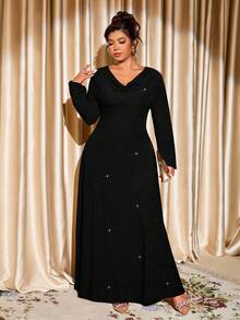 Elenzga 加大码优雅闪亮垂坠领长裙，长袖正式礼服，适合宴会、派对和舞会 - 黑色 - 查看 5