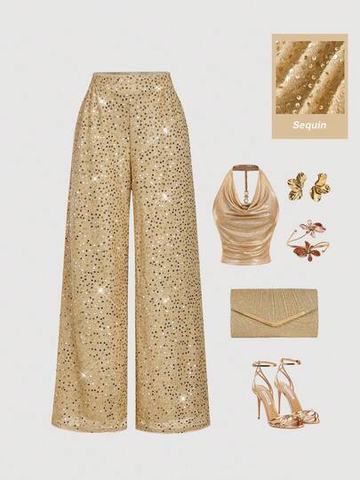 SHEIN MOD Women's Fashion Party Sequin Side Zipper Loose Wide Leg Pants Gold Pants Sequin Pants Sequin Wide Leg Pants,Autumn/Winter,Halloween Clothes, Christmas Women's Clothing ,New Year Women's Clothes,Thanksgiving,Elegant ,Party Outfit,Gold,Sequin
