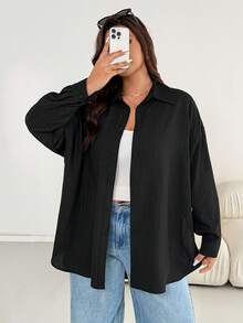 Shapeblank Plus Size Women's Apple-Shaped Body Autumn Black Smart Casual Button Shirt,Everyday Texture Fabric Loose Comfortable Versatile Simple Oversize Tops - Black - View 4