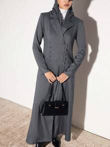 Al Najma 女式条纹翻领长袖双排扣休闲阿拉伯长袍夹克 - 深灰色 - 查看 6