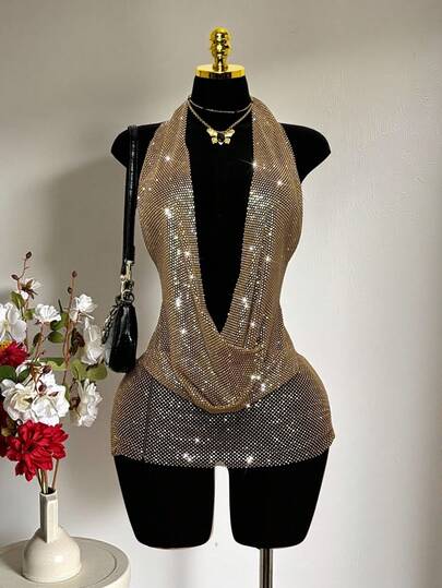 EgrlEra Women's Deep V Neck Sequin Mesh Dress, Rhinestone Embellished Shiny, Suitable For Bar Party, Carnival, Club Wear