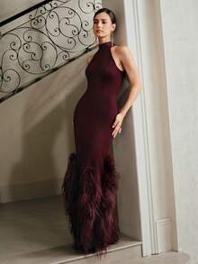 Anewsta Women's Vintage Chic Halter Neck Fitted Dress With Faux Fur Skirt Design, Long Dress For Fall, Winter, New Year, Party, Wedding, Elegant, Stylish - Burgundy - View 5