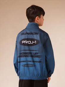 SUMWON Windjacke mit Typografie-Muster und elastischen Bündchen für lässige Outdoor-Abenteuer - Blau - Übersicht 2