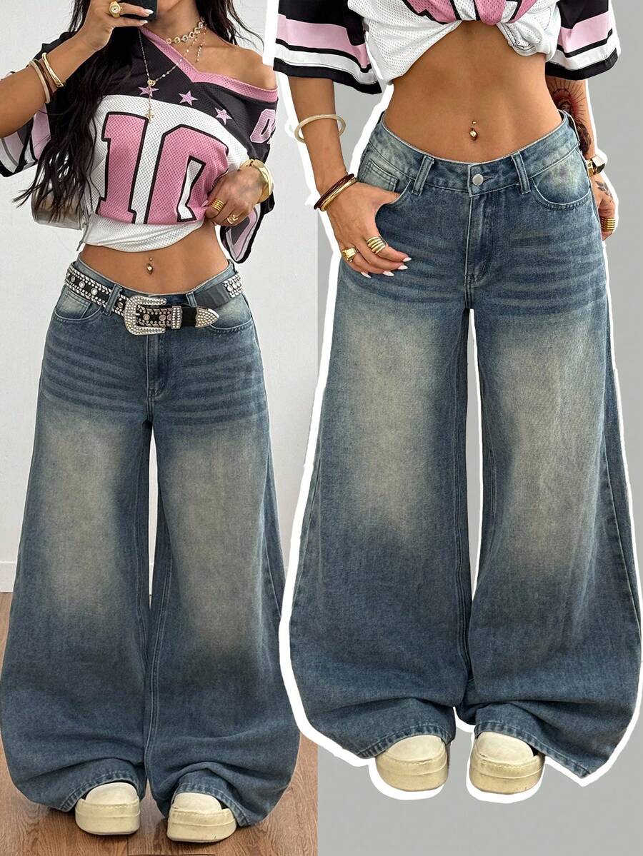 SHEIN Jeans de tiro bajo y pierna ancha de estilo vintage y casual Y2K para adolescentes, de color azul, lavables, suaves, para uso diario en invierno y otoño, ideales para festivales y streetwear - Azul - Ver 1