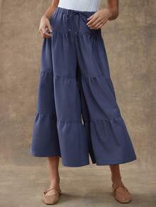 WESTFADE Quần ống rộng cạp cao, cạp rút, xếp nếp thoải mái, dáng thu, đông, buổi hòa nhạc đồng quê Nashville, thường ngày, dễ thương, phong cách Boho, trang phục phương Tây dành cho nữ - Màu xanh lam - Xem 2