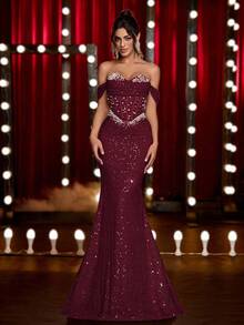 Glamrae 优雅奢华香槟色弹力串珠亮片褶饰美人鱼裙，适合婚礼、派对、度假、庆典、正式场合（重型） - 酒紅色 - 查看 1