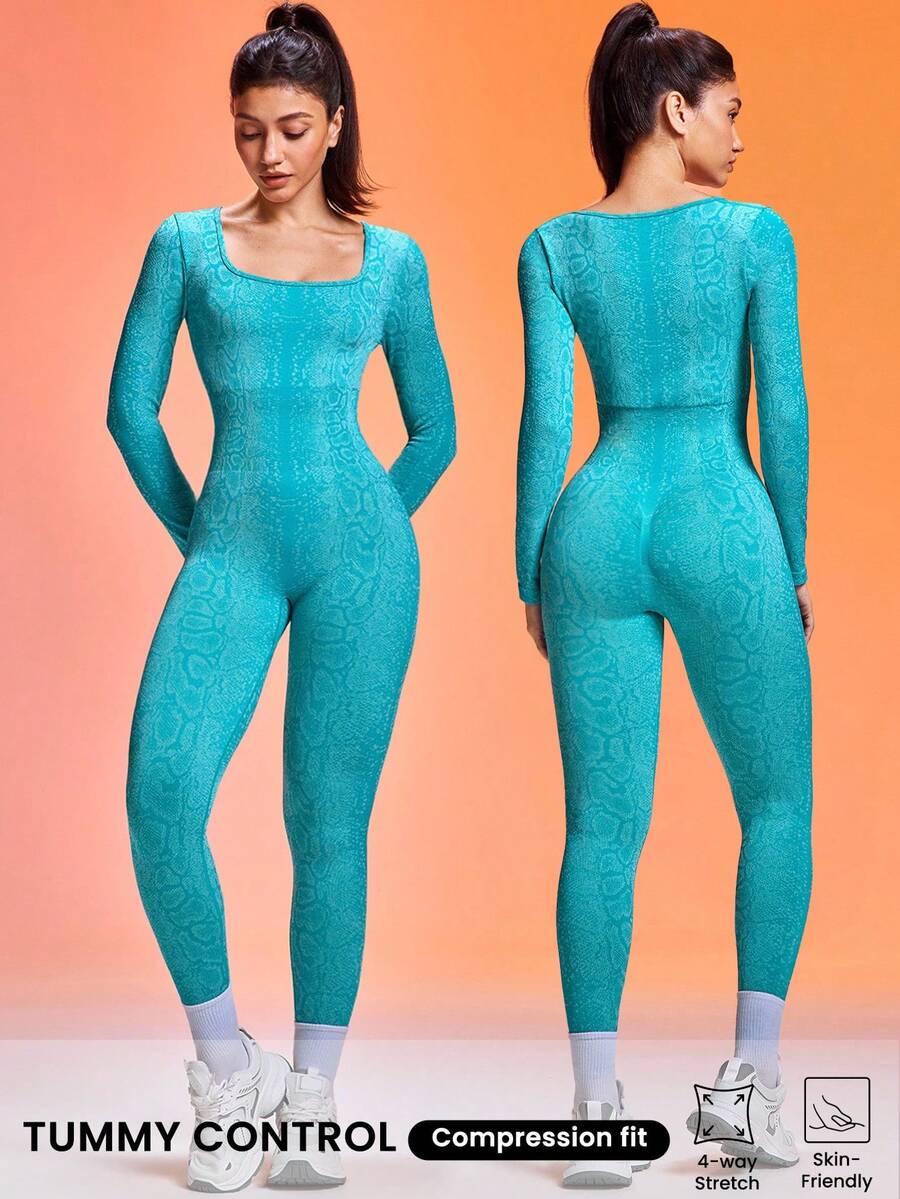 Easithlete Snakeskin Print Fitted Athletic Jumpsuit - Teal Blue - View 1
