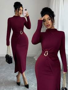 Elenzga Đầm ôm sát tay dài cổ lọ nhún bèo cho nữ - Màu Đỏ Sâu - Xem 1