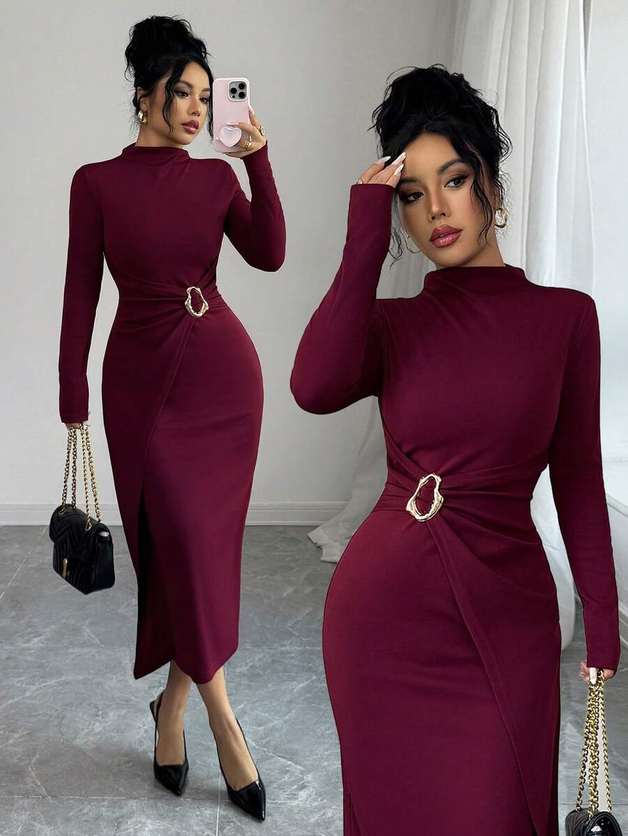 Elenzga Đầm ôm sát tay dài cổ lọ nhún bèo cho nữ - Màu Đỏ Sâu - Xem 1