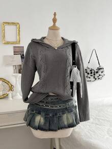 Elamini Women's Casual Daily Commute Simple Solid Color Cable Knit Hooded Sweater, Autumn/Winter