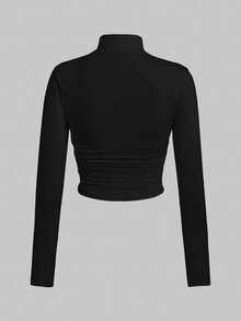 SHEIN EZwear Áo thun dài tay cổ lọ nhún bèo giản dị, phù hợp cho mùa thu/đông - màu đen - Xem 2