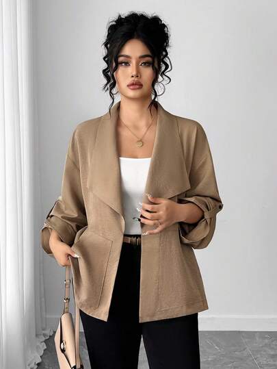 SHEIN PETITE CURVE Plus Size Women Versatile Fashion Casual Commute Wear Jacket, Simple Solid Color High-End Outerwear, Suitable For Autumn/Winter
