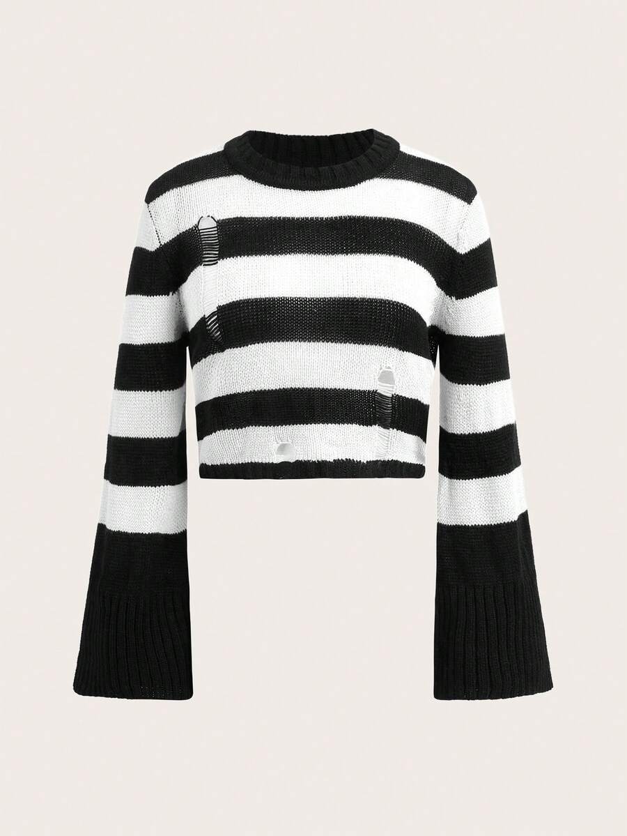 SHEIN EZwear Striped Vintage Style Bell Sleeve Sweater In Fall/Winter - Black and White - View 1