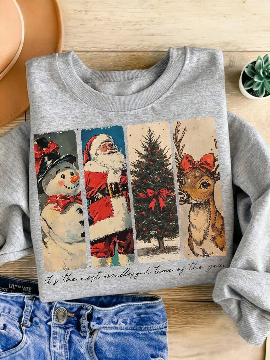 INAWLY 圣诞时尚印花宽松圆领女式运动衫 - 灰色 - 查看 1