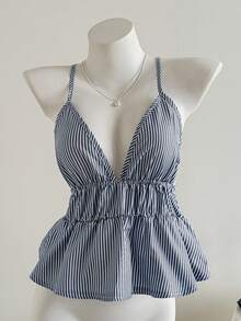 Elamini 女式条纹褶饰腰部荷叶边下摆性感时尚吊带背心 - 霧霾藍 - 查看 3