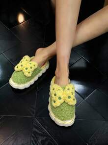 Pantufla de mujer felpa suave lazo tridimensional punta redonda sin cordones suela gruesa estilo kawaii invierno hogar pantufla - Verde - Ver 3