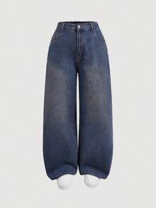 SHEIN MOD 大码女式休闲日常通勤百搭宽松阔腿牛仔裤 - 深色水洗藍 - 查看 1