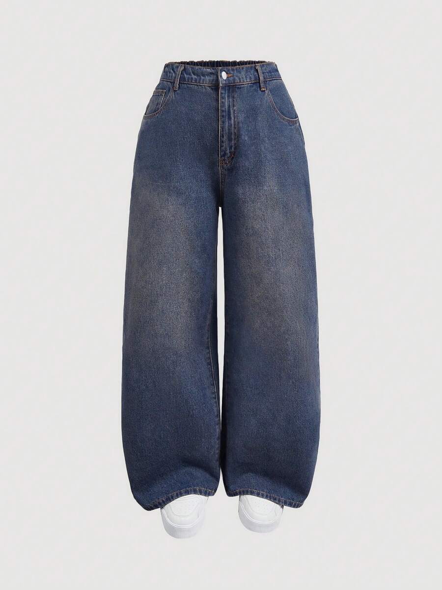 SHEIN MOD 大码女式休闲日常通勤百搭宽松阔腿牛仔裤 - 深色水洗藍 - 查看 1