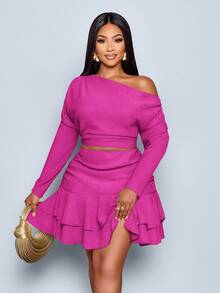 SOLERSUN Blusa de manga larga y falda plisada de dos piezas para mujer talla grande, de unicolor, elegante para fiestas y uso diario. Cuello asimétrico de punto, dobladillo con doble volante. Adecuado para ir al trabajo, fiestas versátiles, festivales de música y otras ocasiones. Ropa de otoño para mujer.