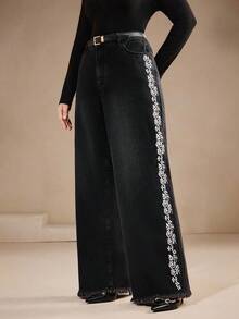 Anewsta Women's Elegant Embroidered Hollow-Out Black Straight Pants, Suitable For Dates, Autumn/Winter - Black - View 6