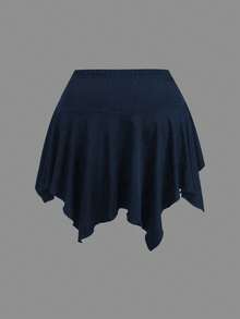 Sweetra 大码女式纯色弹力腰前抽绳不对称下摆半身裤 - 藏蓝色 - 查看 2