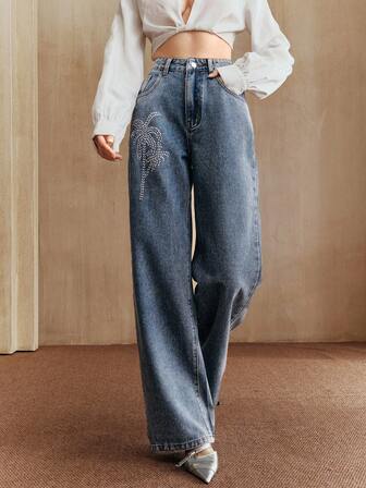 Anewsta Damen elegante Hose mit Strass-Verzierung in Blau, gerade Beinform, geeignet für Herbst, Winter, Silvester, schick und stilvoll, Weihnachten, Ausgehen