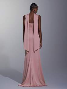 Elitara Elegant, Romantic, Fashionable, Gray-Pink, Satin, Spaghetti Strap, Draped, Pleated Decor, Fishtail Hem, Trailing, Influencer, Holiday, Vacation, Birthday Party, Wedding Event, Bridesmaid Dress - Pink - View 6