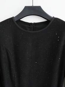 GlowEve Women's Elegant Silver Glitter Round Neck Waist Cinched Pearl Button Lantern Sleeve Midi Dress - Black - View 4