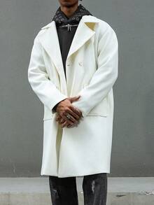 Manfinity Hypemode Men's Solid Color Drop Shoulder Long Sleeve Lapel Neck Fashion Versatile Long Overcoat, Winter - Beige - View 6