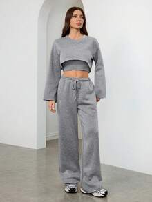 SHEIN Tall 2025 新款休闲基本款纯色长袖短款上衣、吊带背心和阔腿裤三件套女装 - 深灰色 - 查看 4