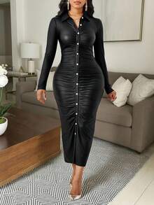 SHEIN Lady 修身连衣裙，前襟纽扣，褶饰细节。仿皮面料 - 黑色 - 查看 9