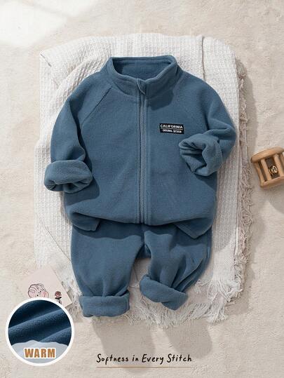 Cozy Pixies 2件套男婴纯色保暖内衬柔软针织圆领开衫和松紧腰裤套装