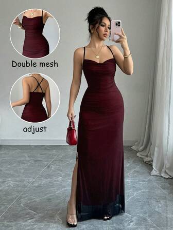 Rafferiza Vintage Sexy Mesh Panel High Slit Drawstring Dress